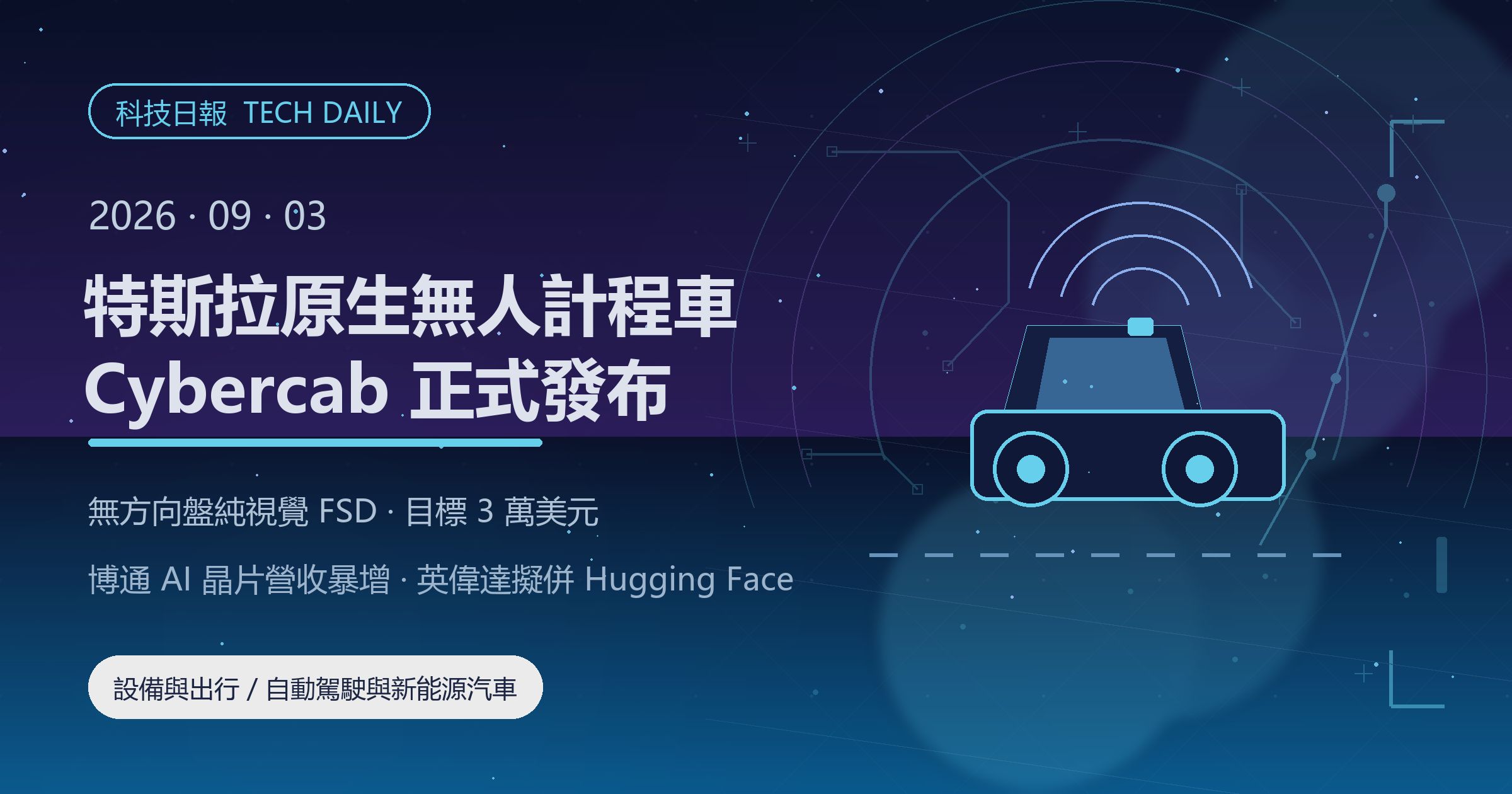[科技日報] 2026年9月3日｜特斯拉發布首款原生無人計程車 Cybercab