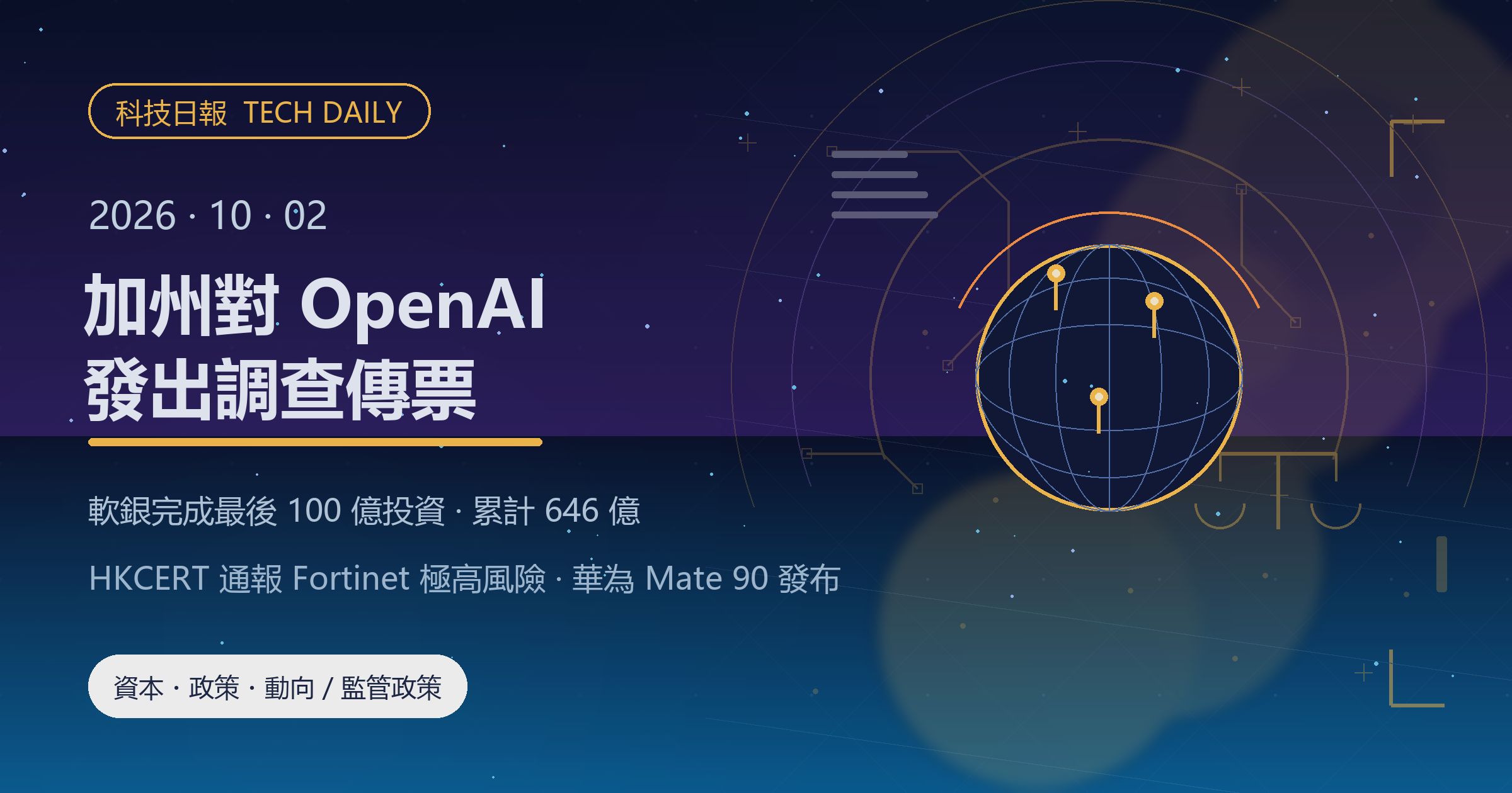 [科技日報] 2026年10月2日｜加州對 OpenAI 發調查傳票，軟銀完成最後百億投資